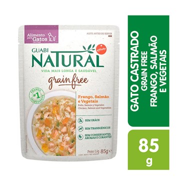 Alimento Úmido Guabi Natural Sachê Grain Free Gatos Castrados Frango, Salmão e Vegetais 85g