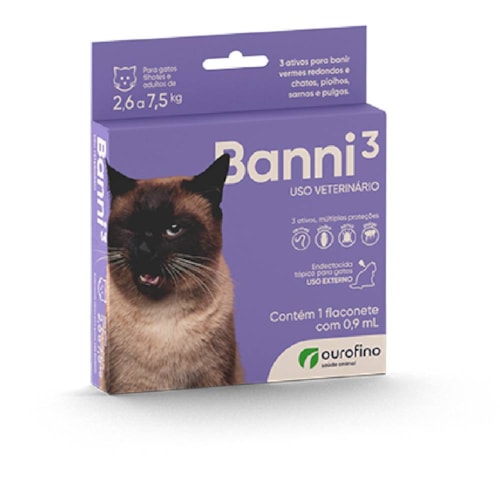 Antiparasitário Banni 3 Ourofino para Gatos de 2,6 kg a 7,5 Kg - 1 flaconete 0,9 ml