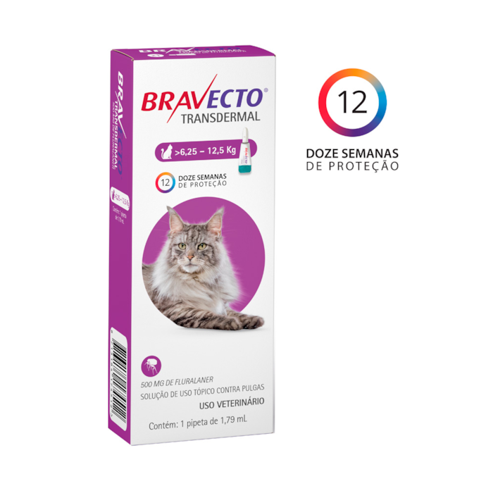 Antipulgas e Carrapatos Bravecto Transdermal Para Gatos de 6,25kg a 12,5kg - 500 mg