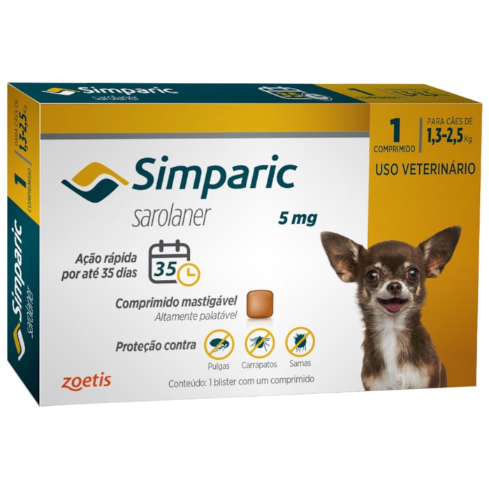 Antipulgas Simparic para Cães de 1,3 a 2,5kg - 1 Comprimido