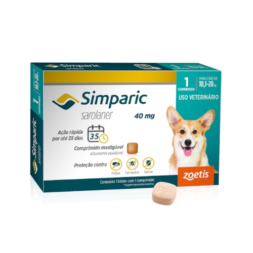 Antipulgas Simparic para Cães de 10,1 a 20kg - 1 Comprimido
