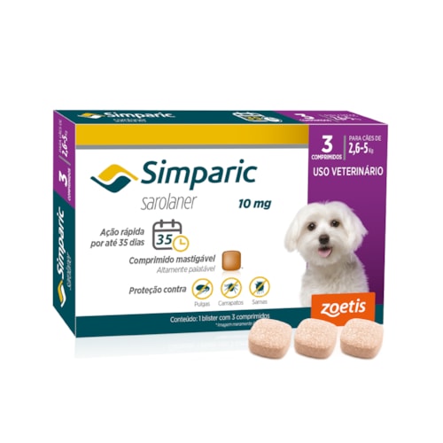 Antipulgas Simparic para Cães de 2,1 a 5kg - 3 Comprimidos