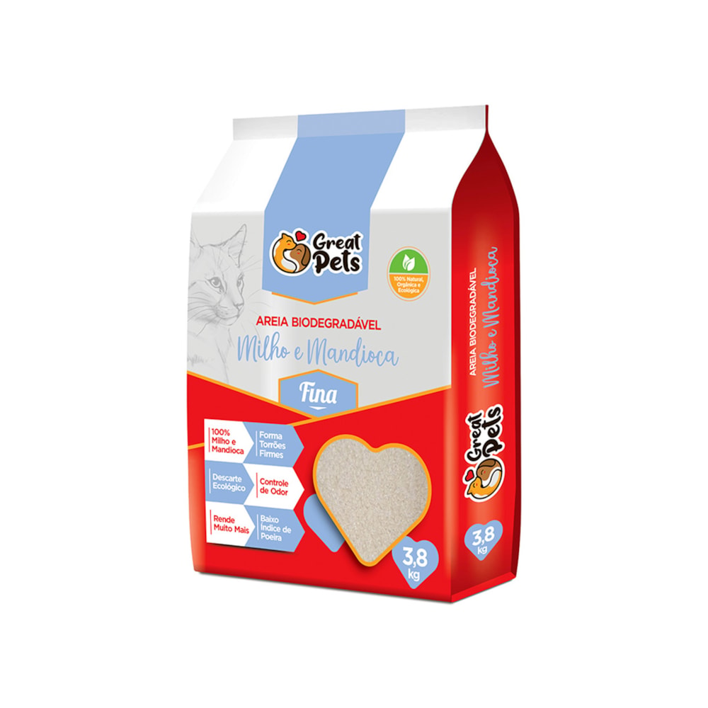 Areia Higiênica Great Pets Biodegradável Milho e Mandioca Fina 3,8 kg