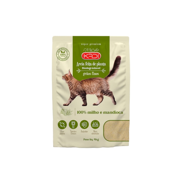 Areia Higiênica Kadi para Gatos Grãos Finos de Milho e Mandioca 4 kg