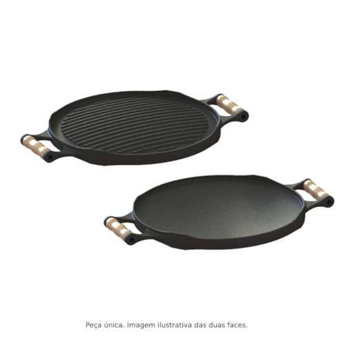 Bifeteira Chapa Redonda Dupla Face Ferro Fundido com Alça de Madeira Fundição Libaneza 33cm Cod. 93726