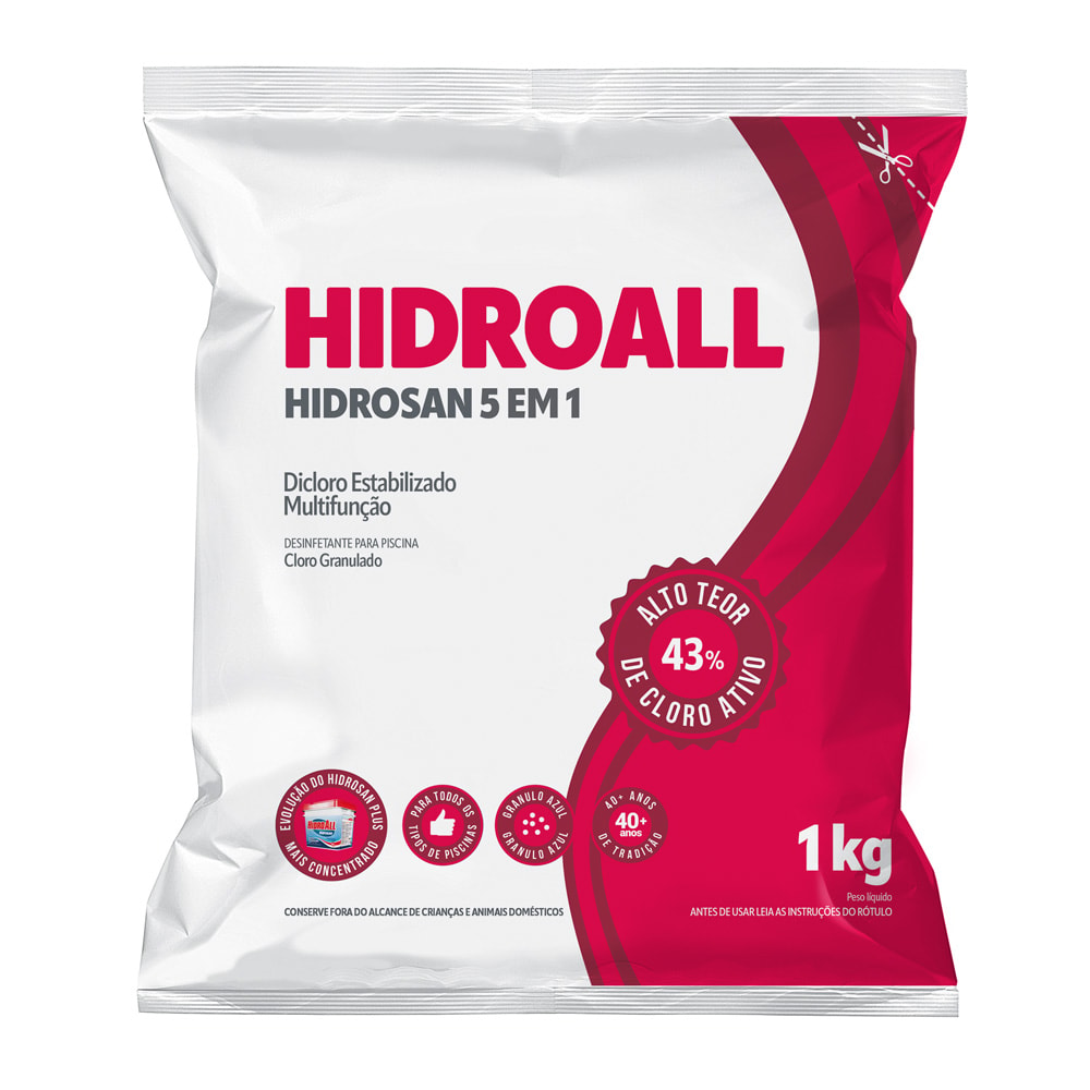 Cloro Granulado Hidroall Hidrosan 43% Dicloro Estabilizado Ativo Pacote 1,0 kg