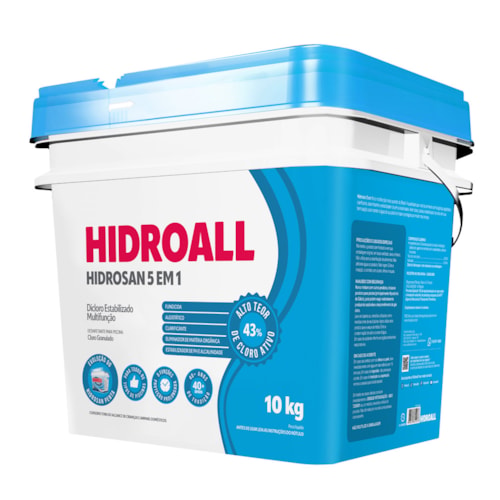 Cloro Granulado Hidroall Hidrosan Multifunção 5 em 1 com 43% Dicloro Estabilizado Ativo Balde 10 kg