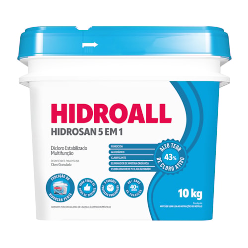 Cloro Granulado Hidroall Hidrosan Multifunção 5 em 1 com 43% Dicloro Estabilizado Ativo Balde 10 kg - imagem adicional