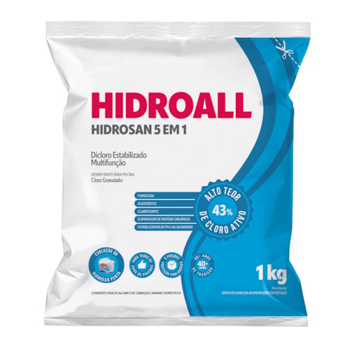 Cloro Granulado Hidroall Hidrosan Multifunção 5 em 1 com 43% Dicloro Estabilizado Ativo Pacote 1,0 kg