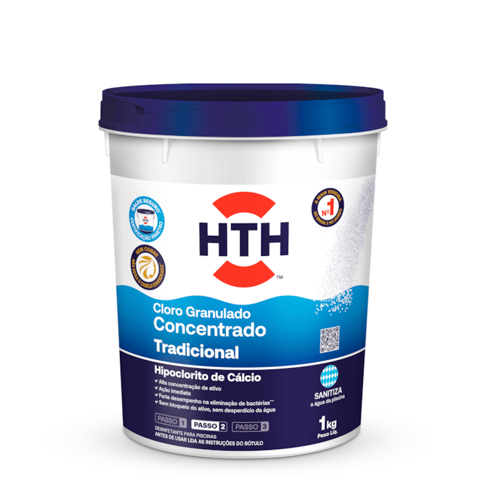 Cloro HTH Concentrado Tradicional 1kg – Purificador potente para piscinas com alto fluxo de pessoas