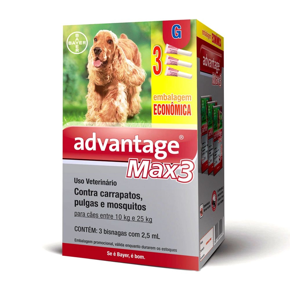 Combo Antiparasitário Advantage Max-3 G Para Cães de 10 a 25 kg - 3 Pipetas (2,5 ml)