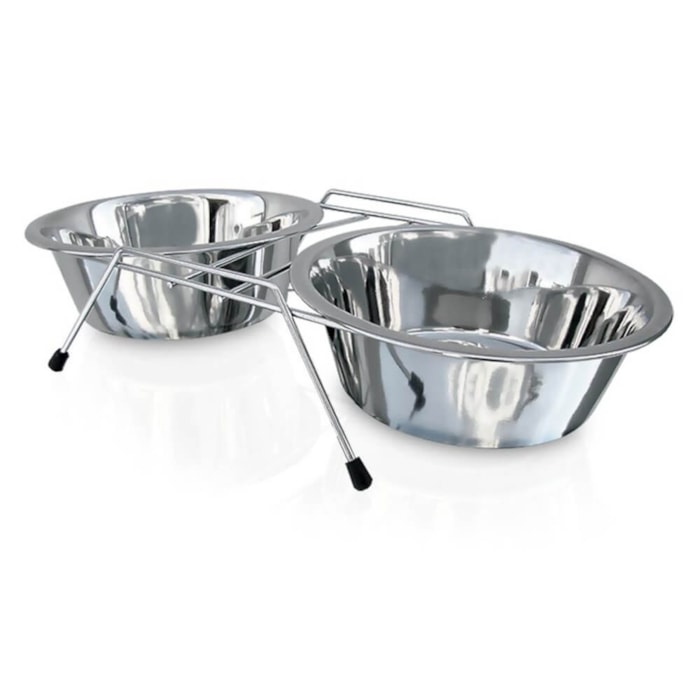 Comedouro/Bebedouro Duplo em Inox Com Suporte - Chalesco