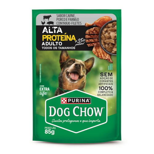Dog Chow Sachê Alta Proteína para Cães Adultos Carne, Porco e Frango 85g - imagem adicional