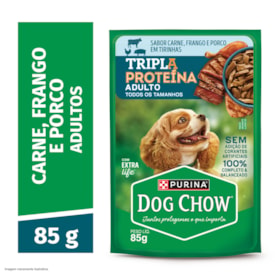 Dog Chow Sachê Trípla Proteína para Cães Adultos Carne, Frango e Porco em Tirinhas 85g