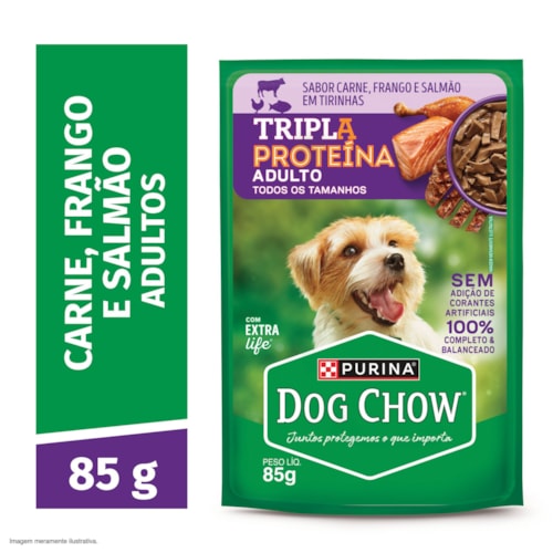 Dog Chow Sachê Trípla Proteína para Cães Adultos Carne, Frango e Salmão em Tirinhas 85g