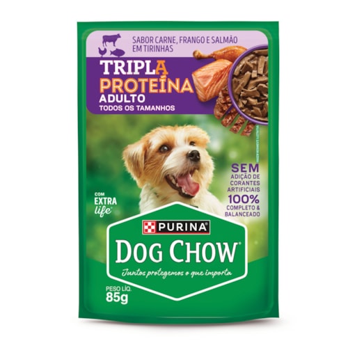 Dog Chow Sachê Trípla Proteína para Cães Adultos Carne, Frango e Salmão em Tirinhas 85g - imagem adicional