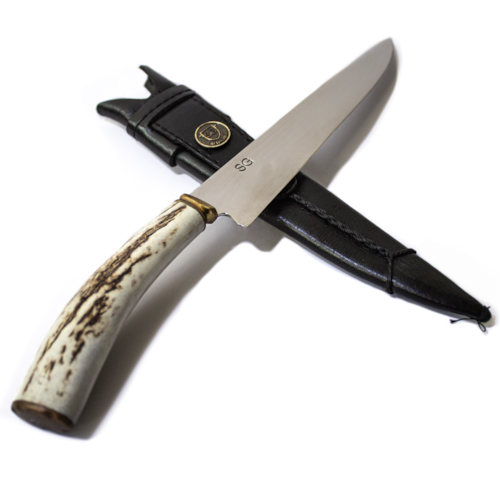 Faca Artesanal SG de Inox de 8 Polegadas Com Lâmina de 3mm, Cabo em Chifre de Cervo e Bainha - COD 20.8