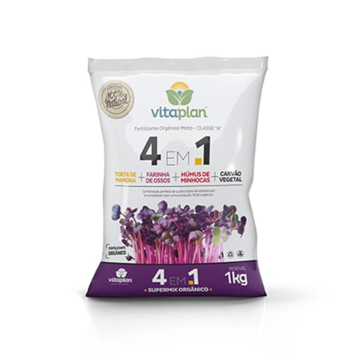 Fertilizante 4 em 1 Vitaplan Torta de Mamona, Farinha de Ossos, Humus e Carvão Vegetal 1 kg
