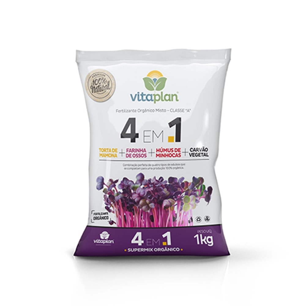 Fertilizante 4 em 1 Vitaplan Torta de Mamona, Farinha de Ossos, Humus e Carvão Vegetal 1 kg