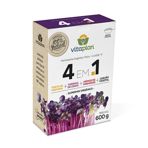 Fertilizante 4 em 1 Vitaplan Torta de Mamona, Farinha de Ossos, Humus e Carvão Vegetal 600g