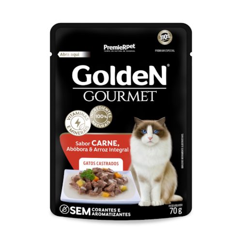 Golden Sachê Gourmet Gatos Adultos Castrados Sabor Carne e Abóbora 70g