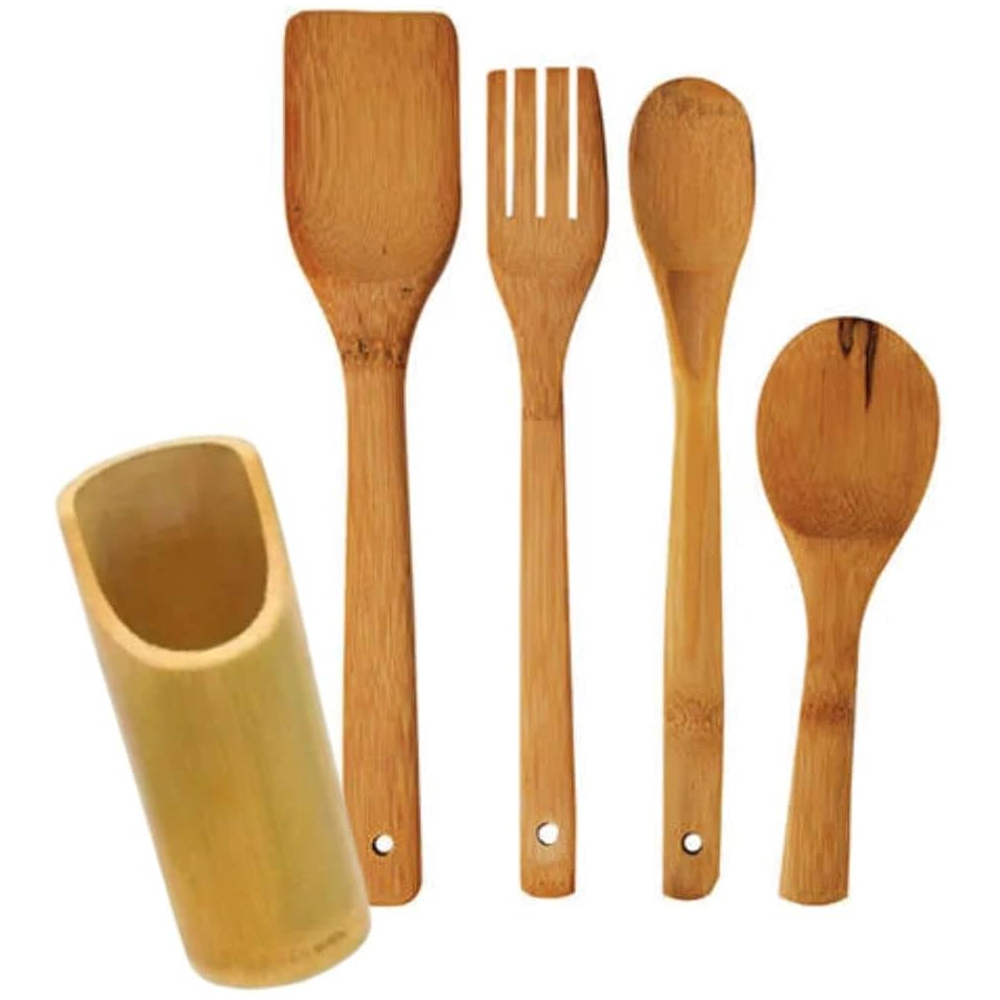 Jogo de Talheres em Bambu 5 Peças com Suporte JFZ
