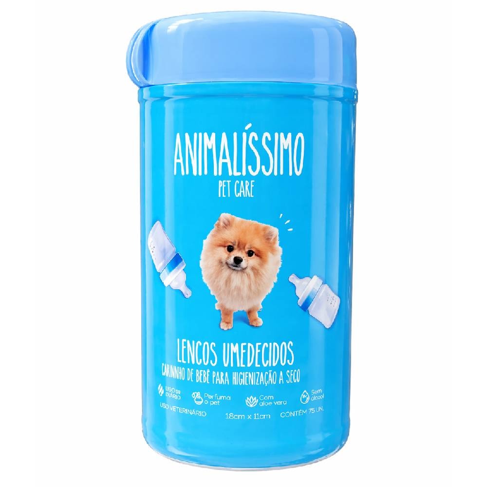 Lenços Umidecidos para Higienização a Seco de Cães e Gatos Cheiro de Bebê Animalissimo 75 un