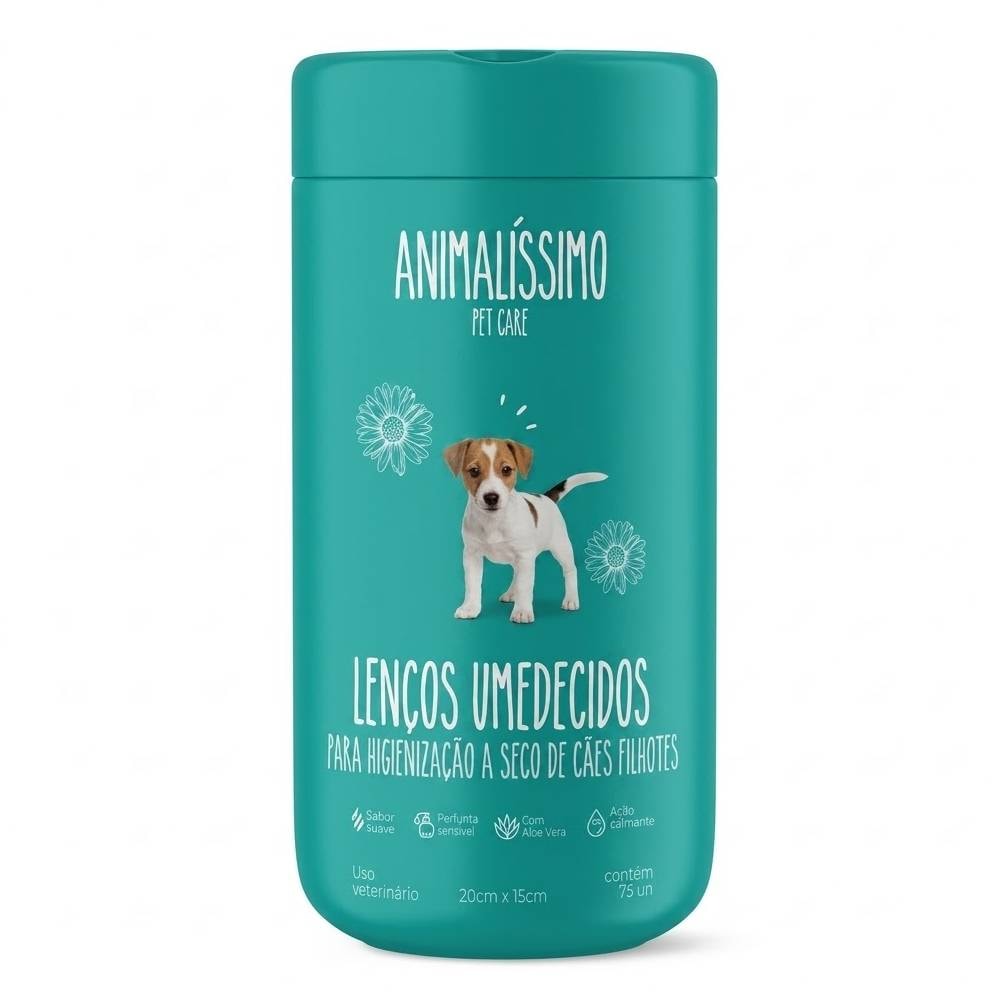 Lenços Umidecidos para Higienização a Seco de Cães e Gatos Filhotes Animalissimo 75 un