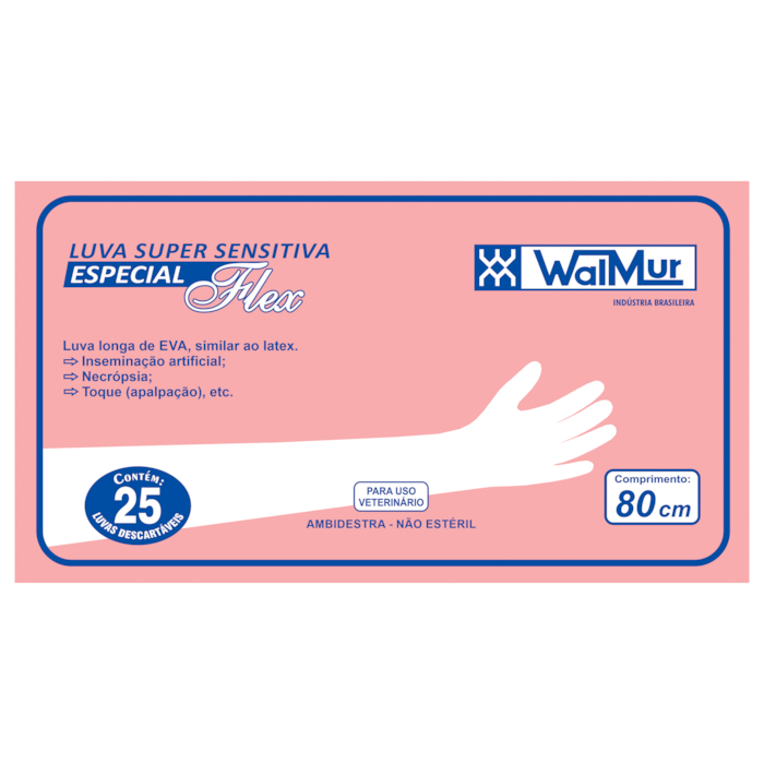 Luva Super Sensitiva Especial Flex Walmur Inseminação Artificial Ambidestra  80 cm 25 Un