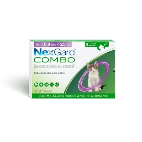 NexGard Combo Antipulgas, Sarna e Vermes Gatos de 0,8kg a 2,5kg - 3 Pipetas