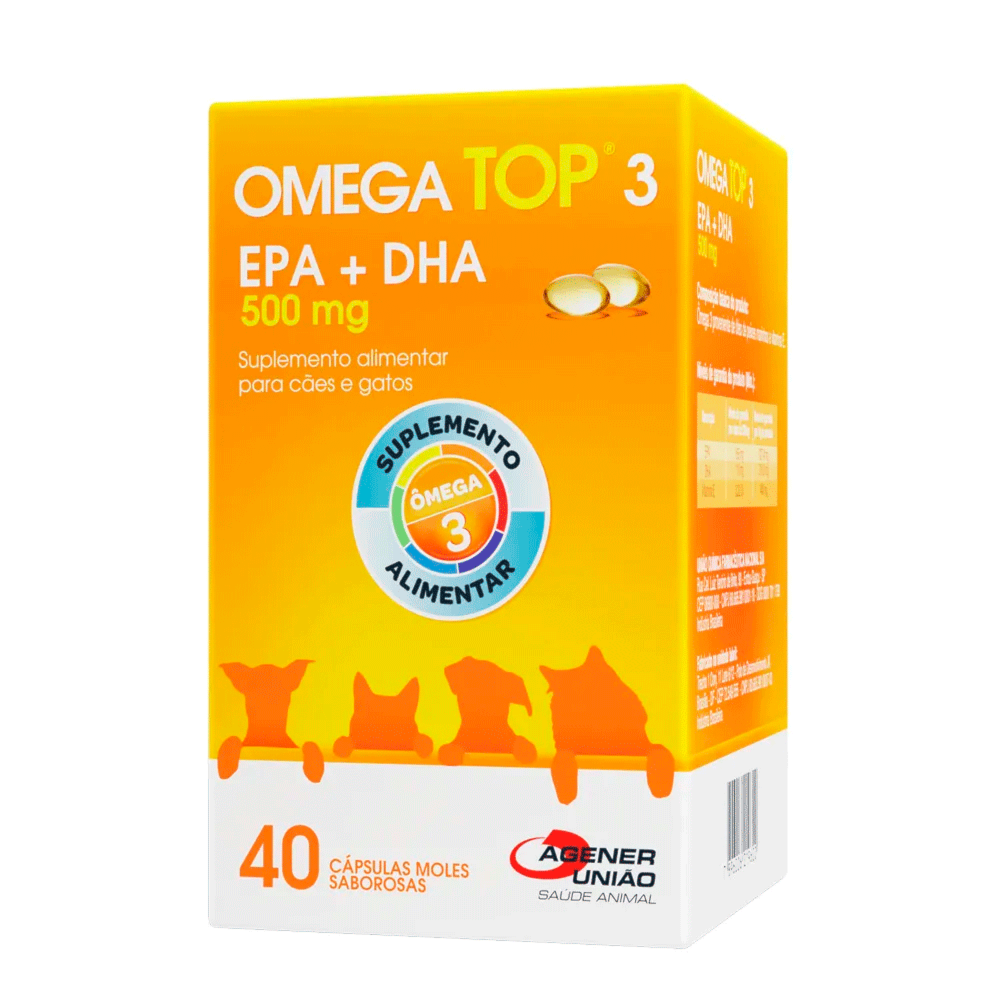 Omega Top 3 500 mg Suplemento com EPA e DHA para Cães e Gatos
40 Cápsulas
