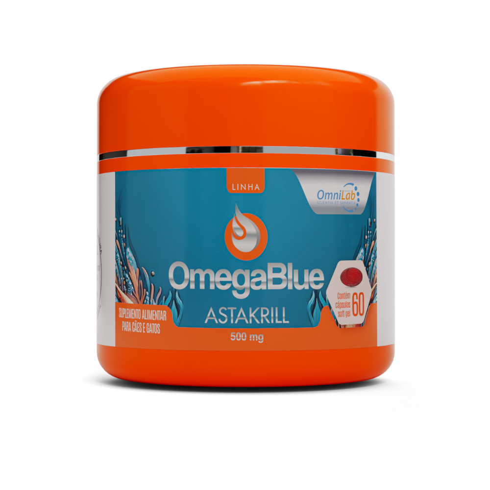OmegaBlue Astakrill OmiLab Suplemento Alimentar Ômega 3 Cães e Gatos 500 mg 60 Cápsulas