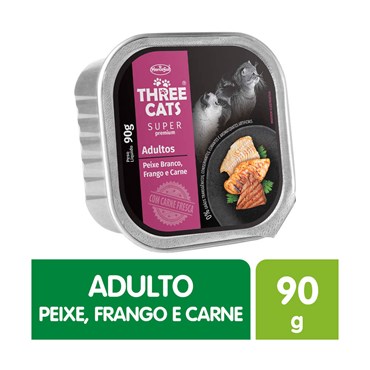 Patê Three Cats Super Premium para Gatos Adultos Sabor Peixe Branco, Frango e Carne 90g