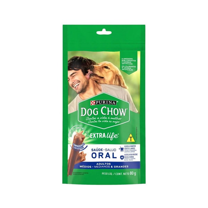 Petisco Dog Chow Extra Life Saúde Oral para Cães Adultos Raças Médias e Grandes 80g