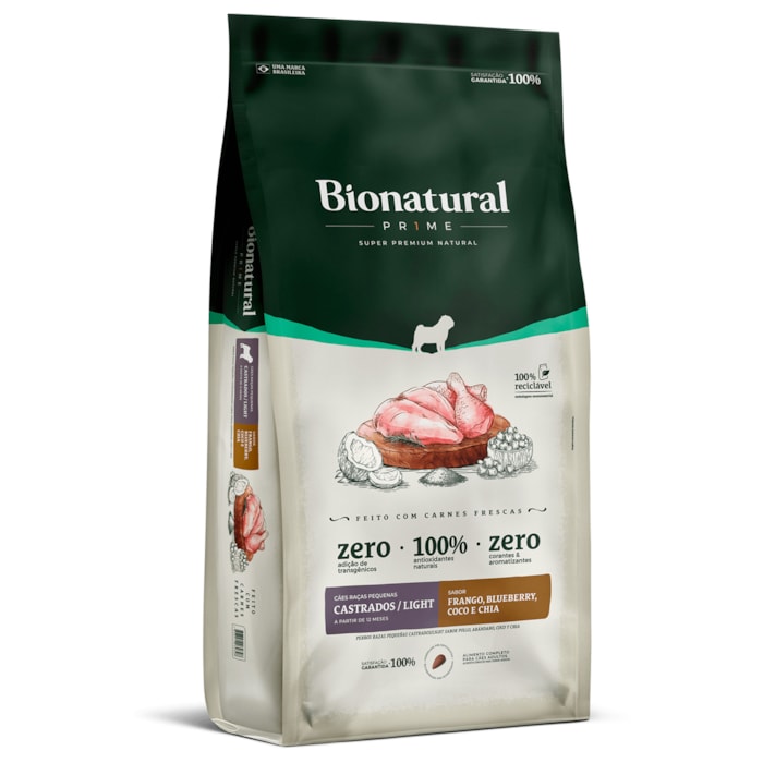 Ração Bionatural Prime Cães Adultos Castrados Light Raças Pequenas Frango, Blueberry, Coco e Aveia 2,5 kg