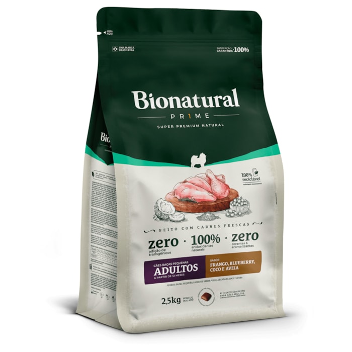 Ração Bionatural Prime Cães Adultos Raças Pequenas Frango, Blueberry, Coco e Aveia 2,5 kg