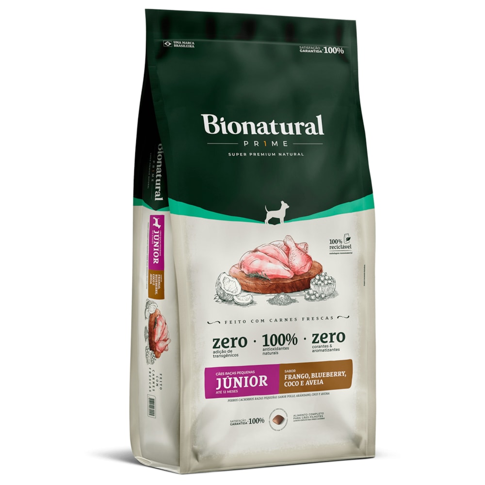 Ração Bionatural Prime para Cães Filhotes de Porte Pequeno Sabor Frango, Blueberry, Coco e Aveia 10,1KG