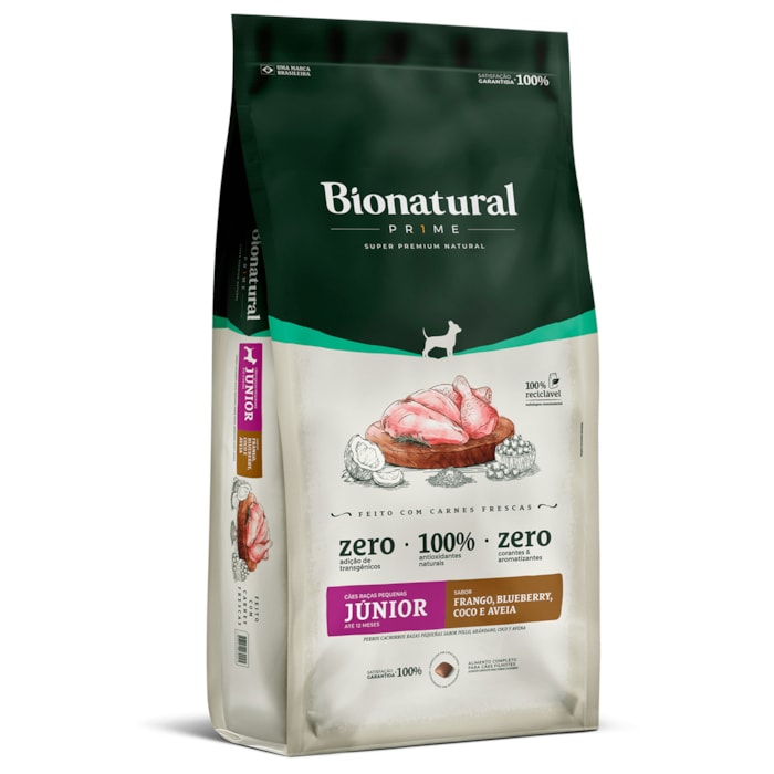 Ração Bionatural Prime para Cães Filhotes de Porte Pequeno Sabor Frango, Blueberry, Coco e Aveia 2,5KG