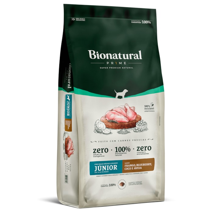 Ração Bionatural Prime para Cães Filhotes Porte Medio e Grande Sabor Frango, Blueberry, Coco e Aveia 2,5KG