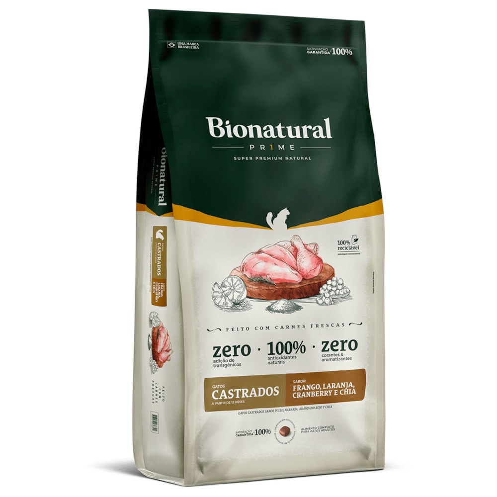 Ração Bionatural Prime para Gatos Adultos Castrados Sabor Frango, Laranja, Cranberry e Chia 20KG