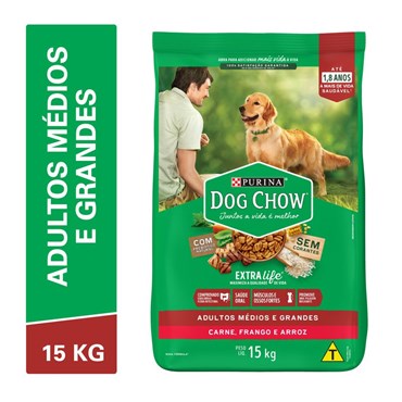 Ração Dog Chow para Cães Adultos Raças Médias e Grandes Sabor Carne, Frango e Arroz 15 kg