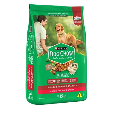 Ração Dog Chow para Cães Adultos Raças Médias e Grandes Sabor Carne, Frango e Arroz 15 kg