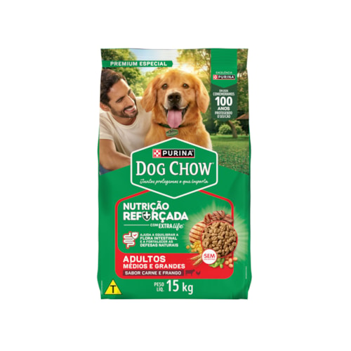 Ração Dog Chow para Cães Adultos Raças Médias e Grandes Sabor Carne, Frango e Arroz 15 kg