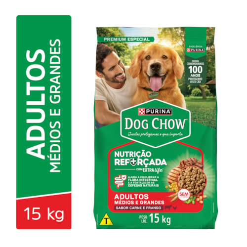 Ração Dog Chow para Cães Adultos Raças Médias e Grandes Sabor Carne, Frango e Arroz 15 kg - imagem adicional