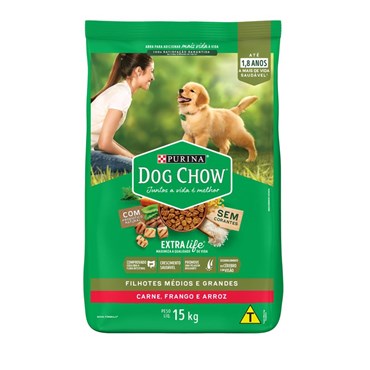 Ração Dog Chow para Cães Filhotes de Raças Médias e Grandes Sabor Carne, Frango e Arroz 15kg