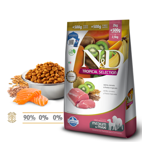 Ração Farmina N&D Tropical Selection Cães Adultos Porte Médio e Grande Suíno, Cereais e Frutas Tropicais