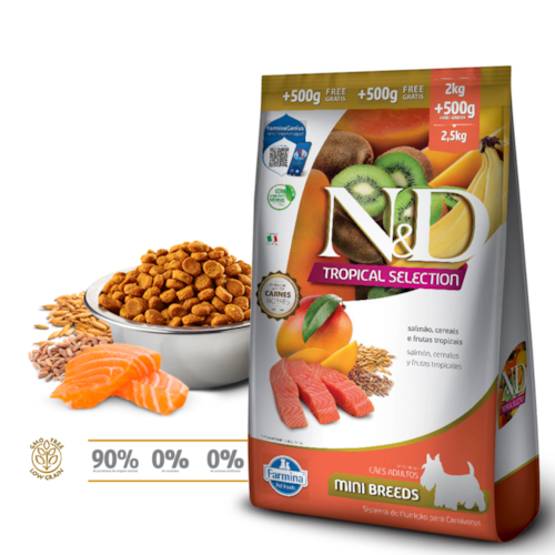 Ração Farmina N&D Tropical Selection Cães Adultos Porte Mini Salmão, Cereais e Frutas Tropicais