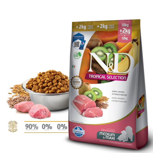 Ração Farmina N&D Tropical Selection Cães Filhotes Porte Médio e Grande Suíno, Cereais e Frutas Tropicais