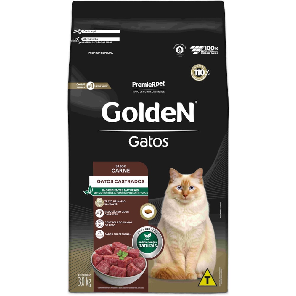 Ração Golden Formula Gatos Adultos Castrados Sabor Carne 3kg