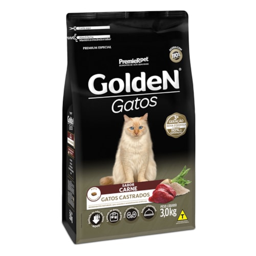 Ração Golden Formula Gatos Adultos Castrados Sabor Carne 3kg - imagem adicional